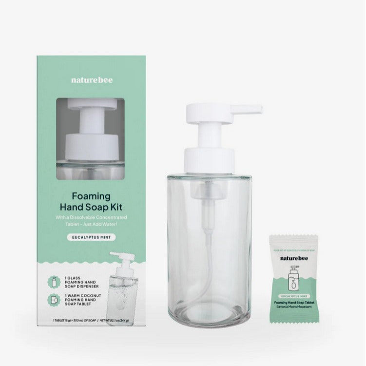 Nature Bee Eucalyptus Mint foaming hand soap kit with white plastic pump bottle, green and white label, and eucalyptus