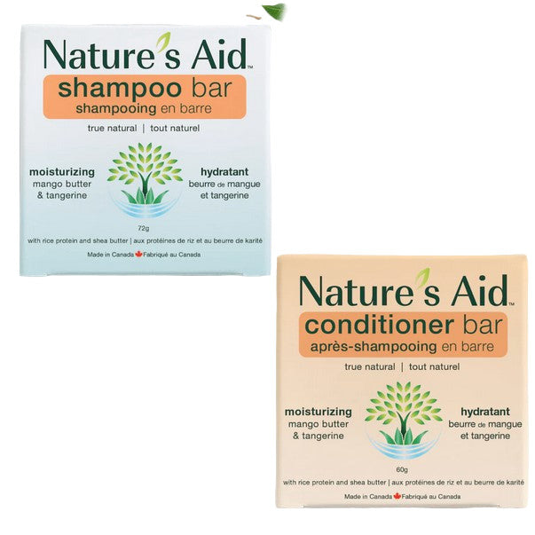 Nature's Aid moisturizing shampoo and conditioner bar set with natural ingredients, fresh floral scent, smooth texture, and