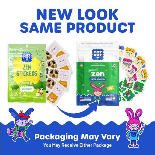 Close-up of the NATPAT ZenPatch stickers demonstrating flexible, blended cartoon designs with textured matte finish on white