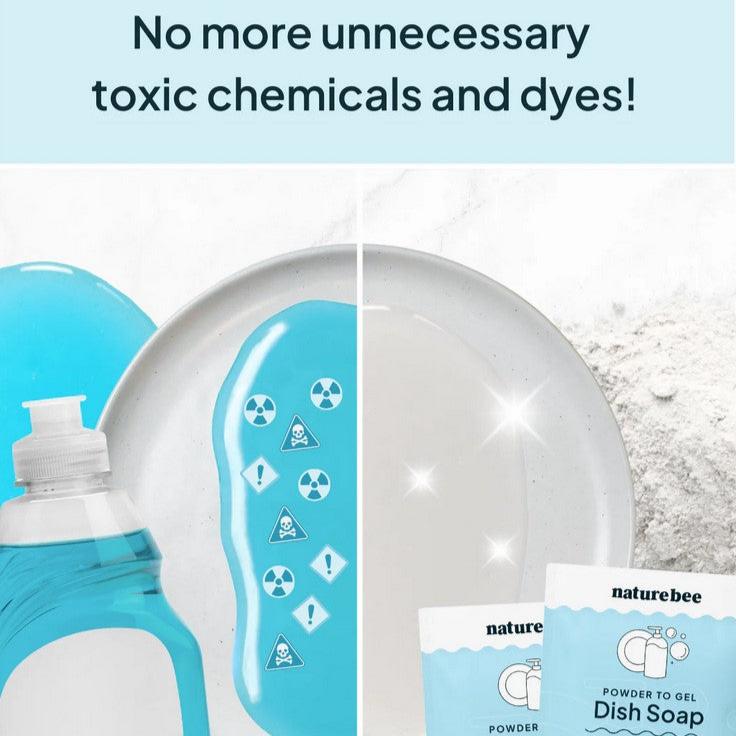 Close-up of the Powder to Gel Dish Soap’s clear, textured gel with Coastal Mist scent label visible on the transparent