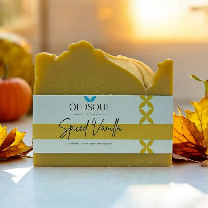 Close-up of the Vanilla Soap Gift Box revealing textured soap bars wrapped in clear paper and tied with rustic twine for a