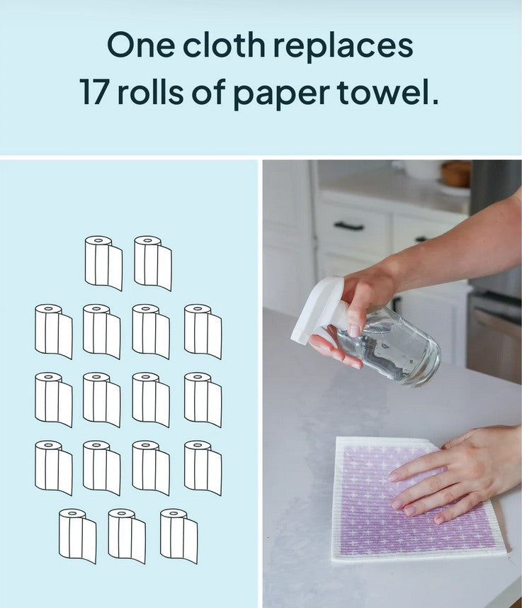 Close-up of the purple Bee Sponge Cloth’s textured surface and floral pattern detail from a diagonal angle, highlighting its