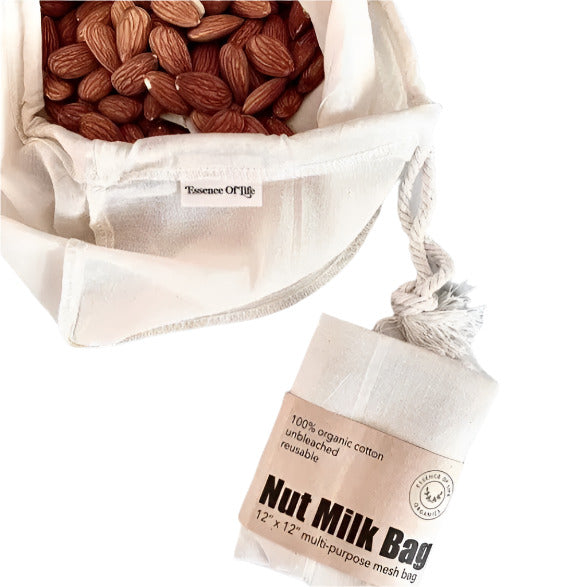 Essence of Life Organics organic cotton nut milk bag with fine mesh for straining homemade plant-based milks