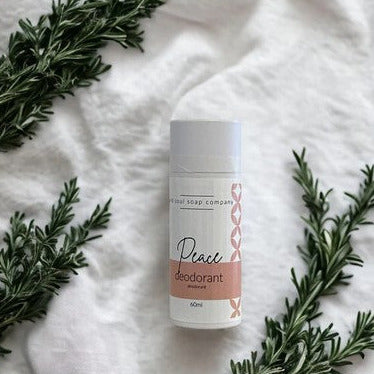 Peace Natural Deodorant stick in a brown cardboard tube with lavender, rosemary, and peppermint essential oils, by Old Soul