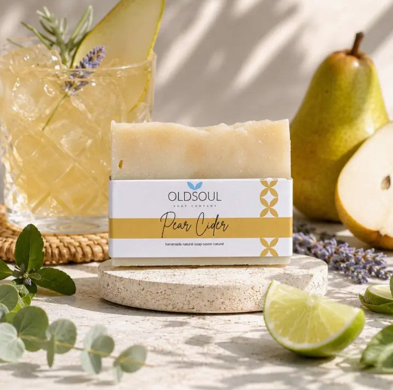 Natural vegan Pear Cider soap bar with bergamot lime and cedarwood