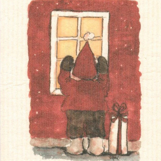 More Joy Peeking Elf Swedish Dishcloth with Christmas red and green print, biodegradable cellulose and cotton, 7x8 inches