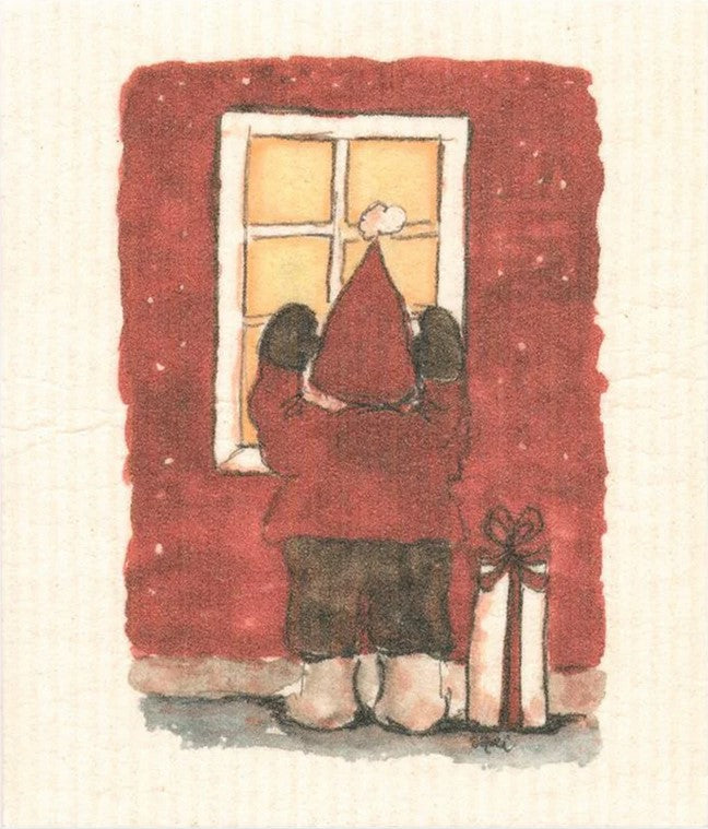 Close-up of the Peeking Elf MORE JOY Swedish Dishcloth featuring vibrant red, green, and white knitted pattern with textured