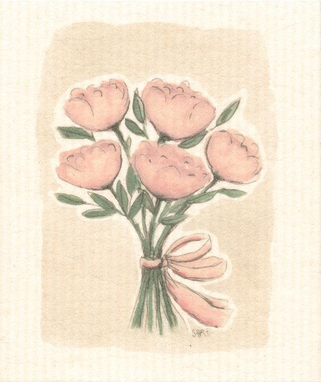 Peonies More Joy Swedish dishcloth with cheerful floral design, biodegradable cellulose and cotton, 8x8 inches, textured