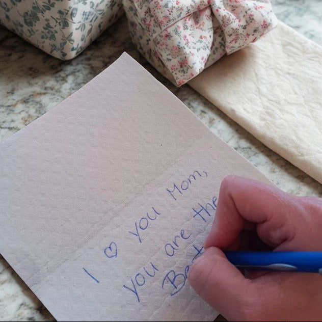 writing message on Swedish dishcloth Mother’s Day card reusable eco friendly gift tag floral cloth card Canada