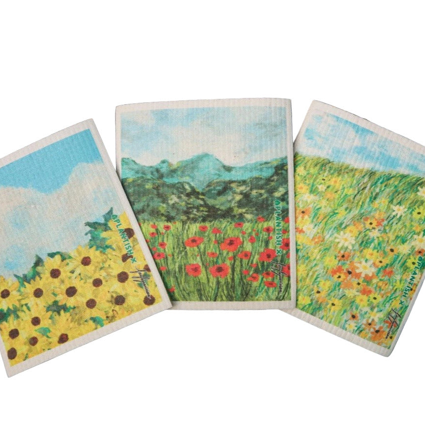 Plantish Swedish Sponge Cloth Set with colorful botanical illustrations, eco-friendly plant-based material, 8x8-inch