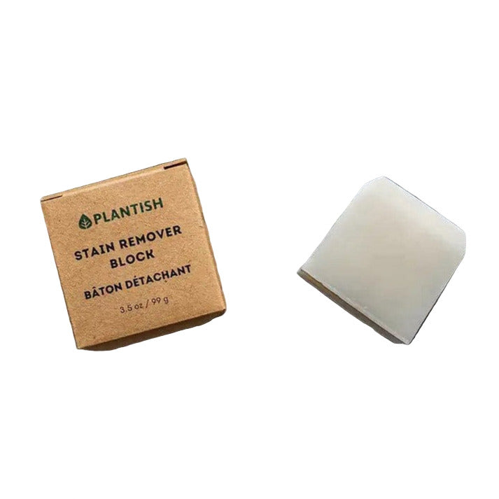 Plantish stain remover stick in transparent biodegradable plastic wrapper, textured white solid block with "Plantish"