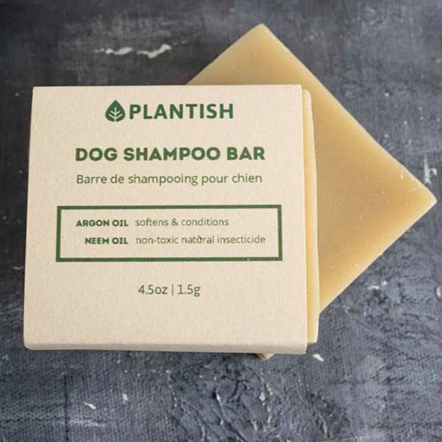 Plantish Dog Shampoo Bar with natural plant-based ingredients, rectangular shape, off-white color, textured surface for