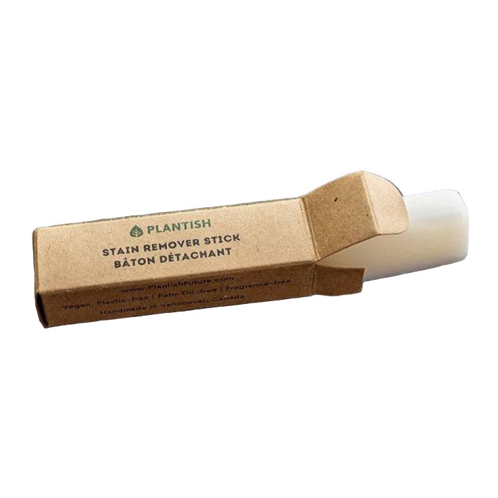 Plantish laundry stain stick with biodegradable cardboard tube, white plastic applicator, and green label, measuring 4