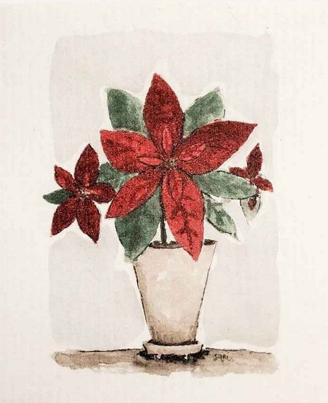 MORE JOY Poinsettia Swedish Dishcloth with red poinsettia print, textured cotton-linen blend, 6x8 inches, eco-friendly zero