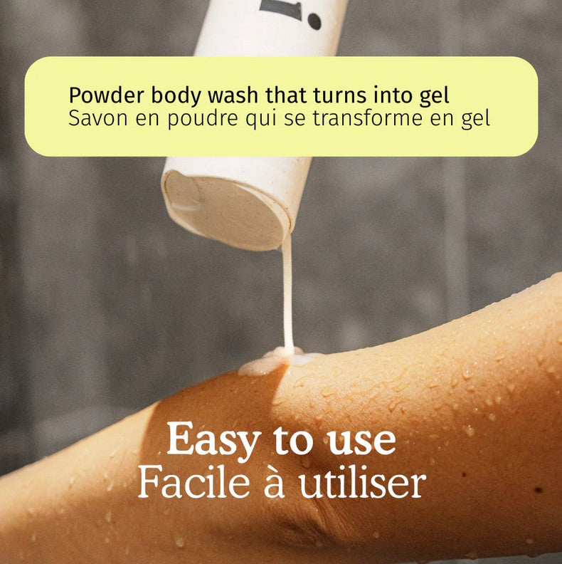 MYNI powder body wash refill transforming into gel body cleanser Canada