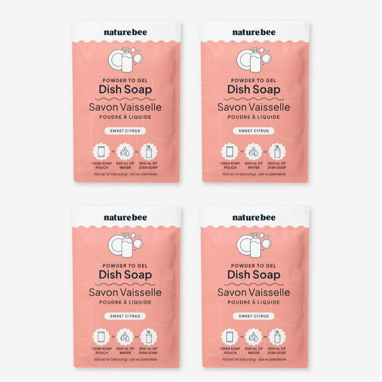 Close-up of the Powder to Gel Dish Soap's clear, textured gel with fresh citrus scent visible on transparent packaging label