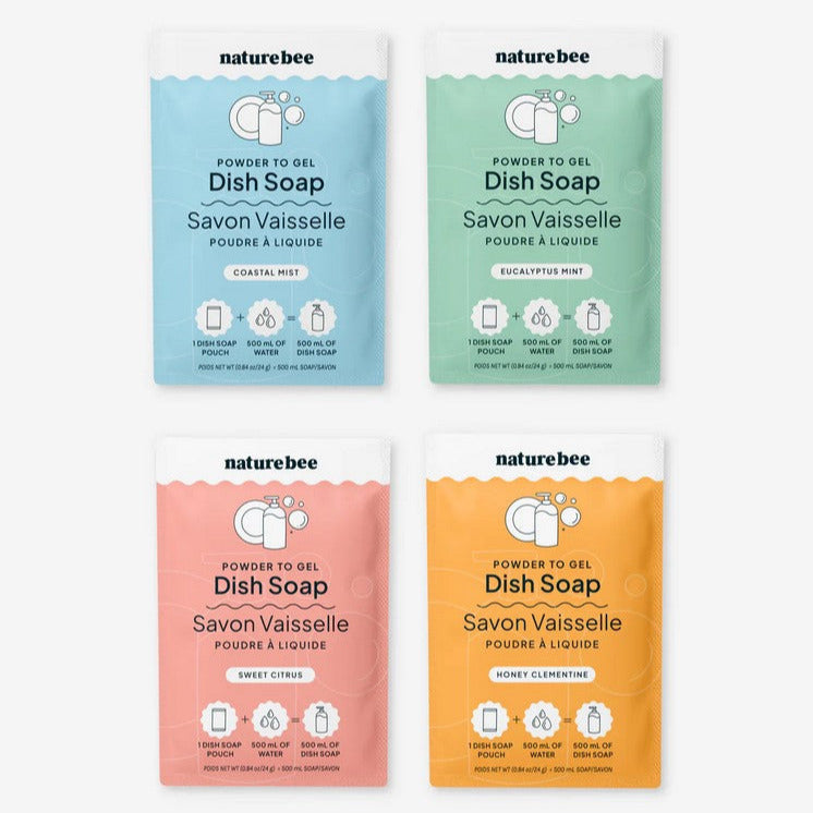 Nature Bee Clean powder to gel dish soap variety pack with honey clementine scent, in clear plastic containers showing