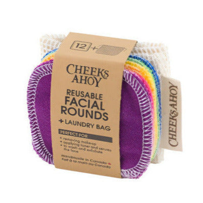 Cheeks Ahoy reusable rainbow facial rounds made of soft, absorbent cotton with vibrant stripes, 3-inch diameter, for makeup