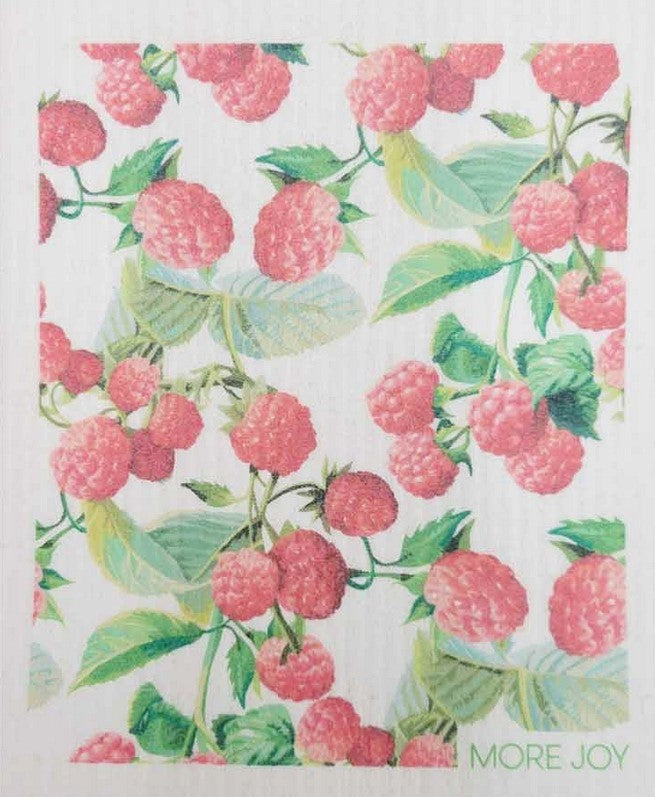 Bright red raspberries illustration on biodegradable cellulose and cotton Swedish dishcloth with "More Joy" logo, 8x8 inches