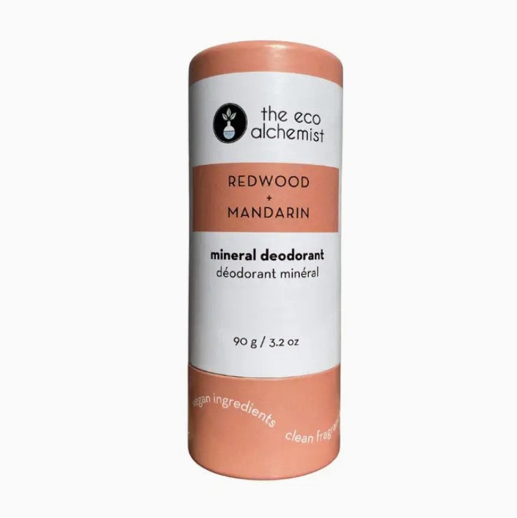 The Eco Alchemist Redwood Mandarin Mineral Deodorant Stick 90g with compostable packaging made in Canada