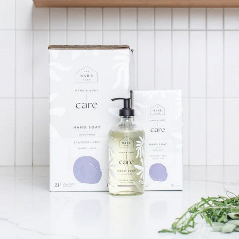 Lavender Sage liquid hand soap in a clear plastic pump bottle with white label, made by The Bare Home for home refill