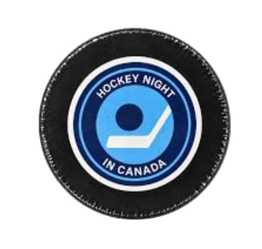 Retro Hockey Night in Canada black hockey puck soap featuring the officially licensed blue and white logo, handcrafted in Ontario by Old Soul Soap Company.