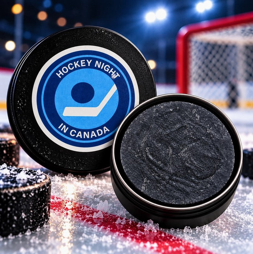 Retro Hockey Night in Canada Puck Soap in collectible gift tin featuring nostalgic blue and white logo, handcrafted in Ontario, Canada.