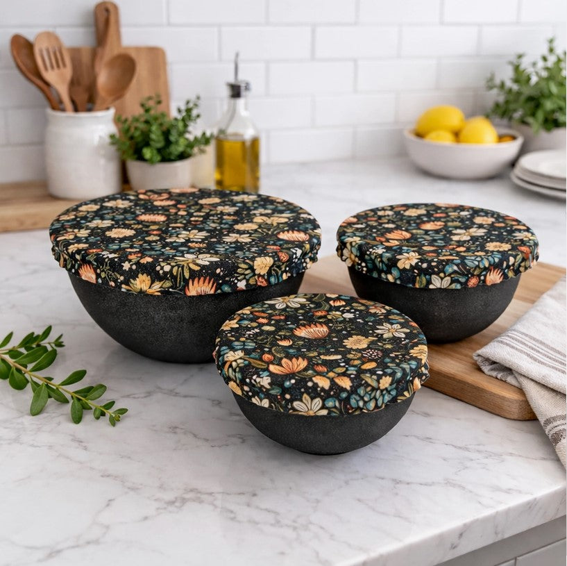 Reusable fabric bowl cover set in Penny Lane pattern on kitchen bowls