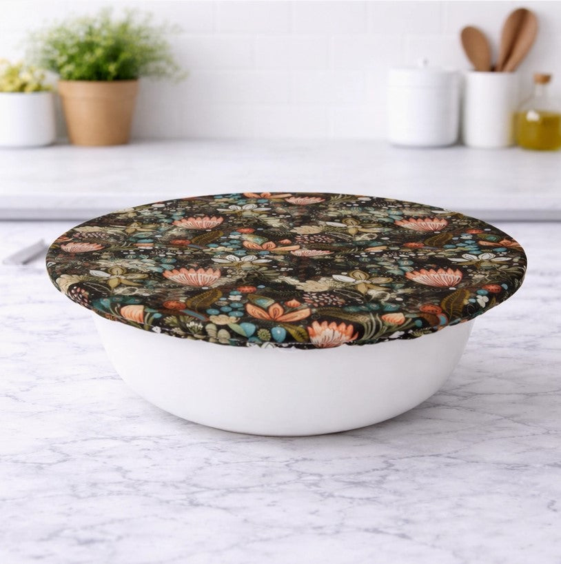 Extra large reusable fabric bowl cover in Penny Lane pattern on bowl