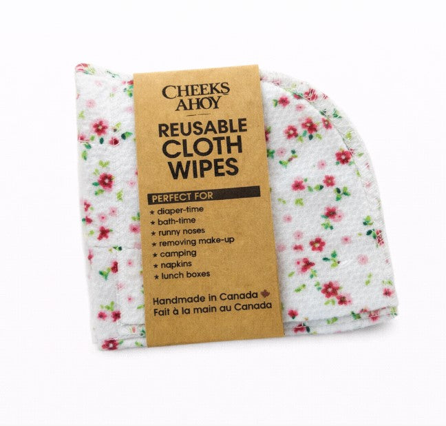Pack of 5 reusable cloth wipes in different floral patterns with 'Cheeks Ahoy' branding on a white background