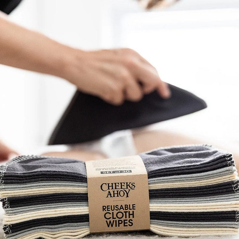 Cheeks Ahoy reusable cloth wipes in warm neutral charcoal, set of 30 stacked cotton wipes, handmade in Canada for eco-friendly baby care, makeup removal, and low-waste cleaning