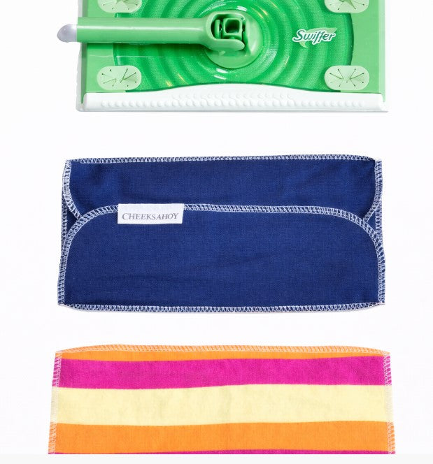 Cheeks Ahoy reusable mop pads in soft striped cotton flannel, eco-friendly, handmade in Canada, perfect for kitchen cleaning.