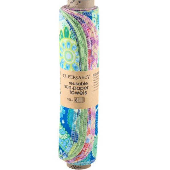 Close-up of Cheeks Ahoy reusable towel's vibrant Funky Bloom pattern showing soft, absorbent terry texture and stitched