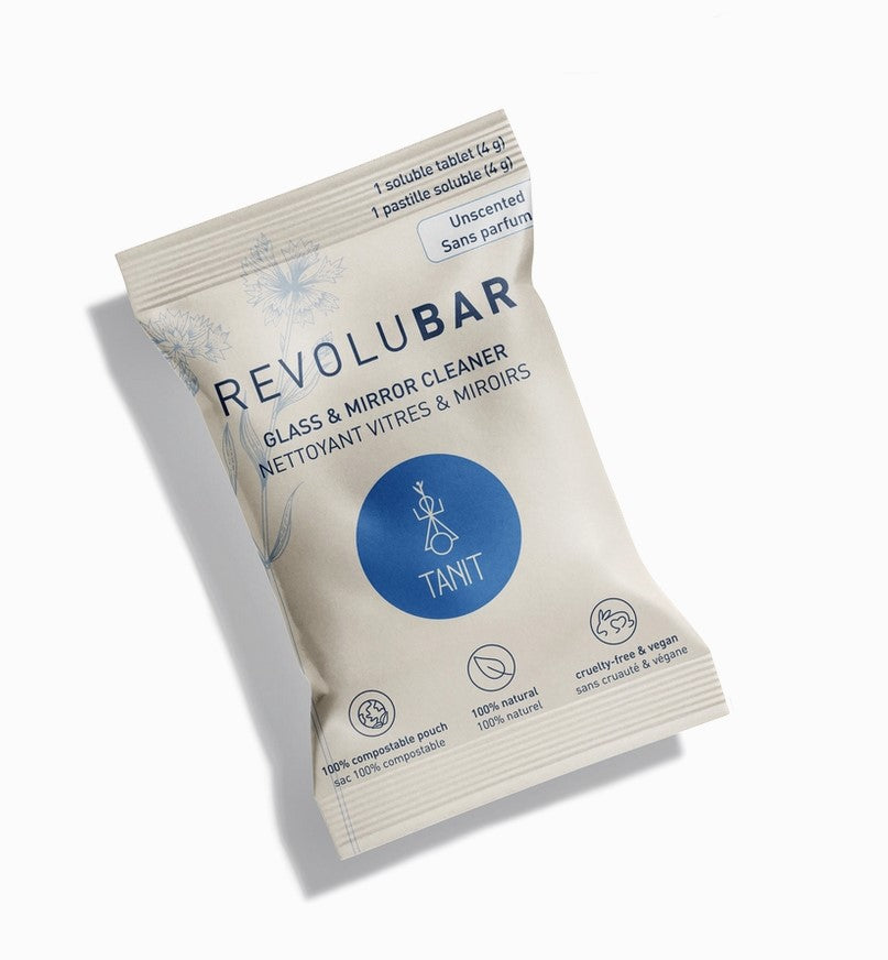 Revolubar glass and mirror spray cleaner tablet in beige packaging for home use, designed for easy glass and mirror cleaning