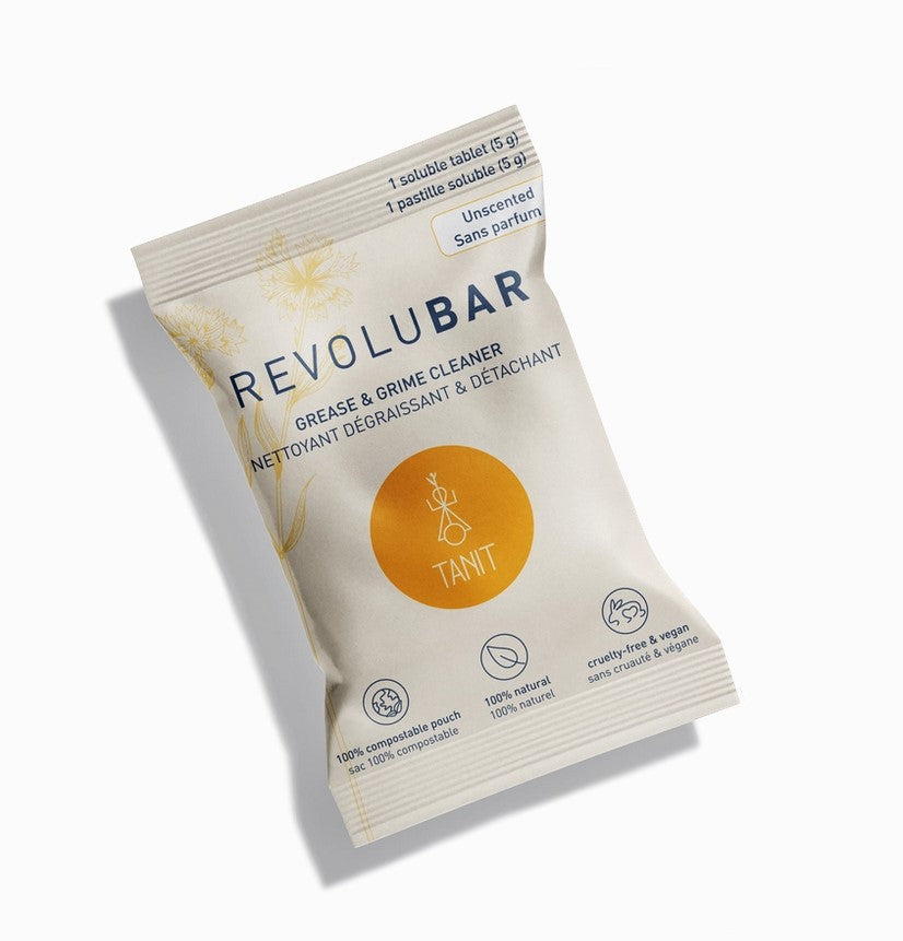 Revolubar Grease and Grime Spray Cleaner Tablet in tan packaging, compact and rectangular, designed for kitchen and bathroom