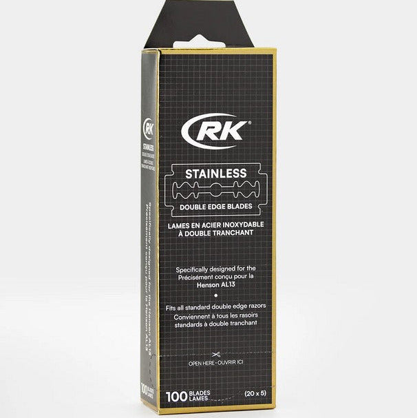 Henson Shave 100-pack stainless steel razor blades with sharp, precise edges designed for smooth, close shaves