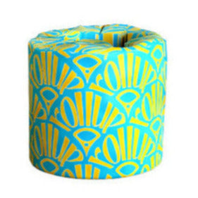 Close-up of the colorful bamboo wrapping with textured surface and vibrant geometric patterns around the toilet paper roll.