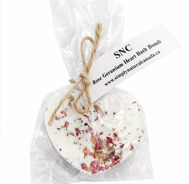Simply Natural Canada rose geranium heart bath bomb in clear compostable gift packaging with twine