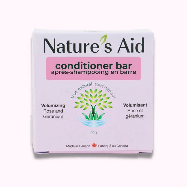 Nature's Aid Volumizing Rose Geranium Conditioner Bar with floral scent, smooth texture, natural ingredients, enhances hair