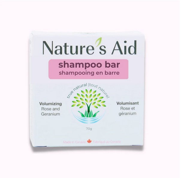 Nature's Aid Volumizing Shampoo Bar with rose geranium, natural ingredients, rich lather, essential oil scent, compact and