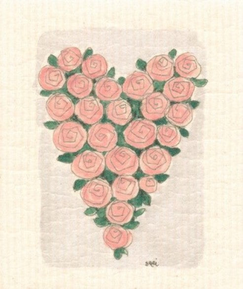 Pink Rose Heart Swedish Dishcloth by MORE JOY, biodegradable cellulose and cotton blend, floral design, 8x8 inches for