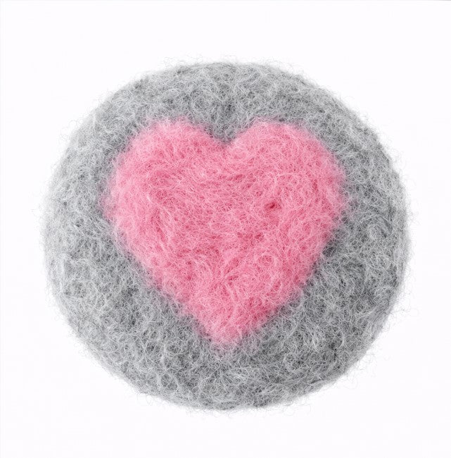 Rosemary Mint heart felted soap with pink wool heart – handmade Canadian natural exfoliating felted soap bar on a white background