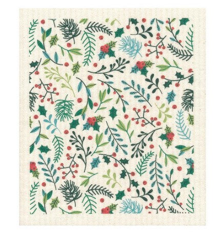 Seasonal Blossom More Joy Swedish Dishcloth featuring red and white Christmas floral pattern, biodegradable, absorbent