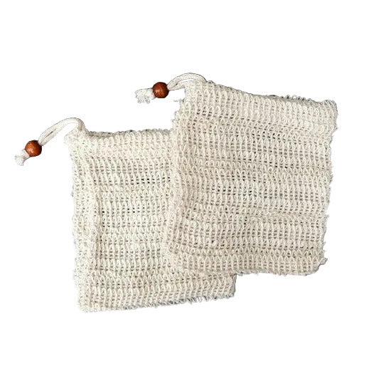 Set of two large sisal soap saver pouches, zero-waste exfoliating soap bags