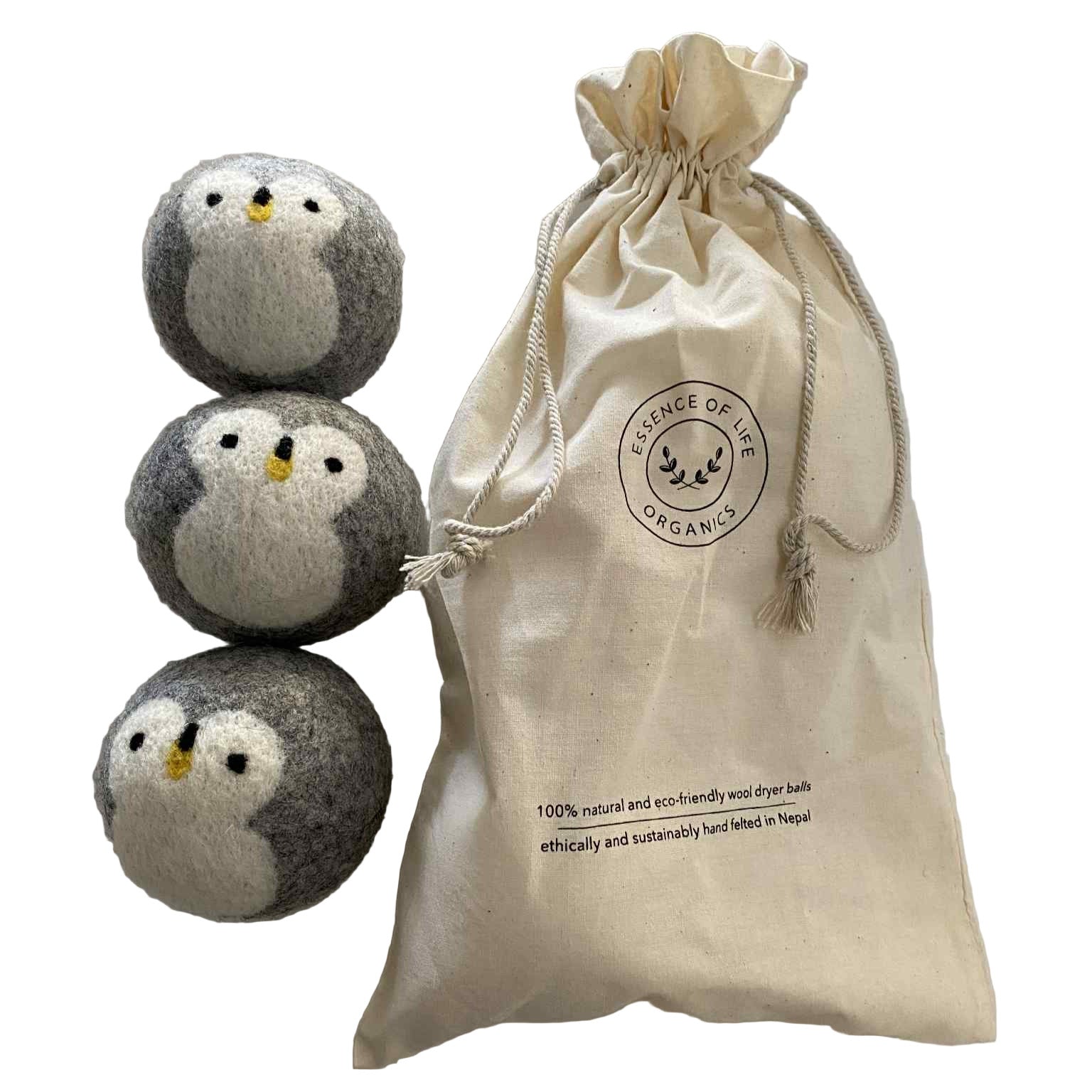 Penguin Wool Dryer Balls by Essence of Life Organics, hand-crafted natural wool laundry balls in white and grey for zero