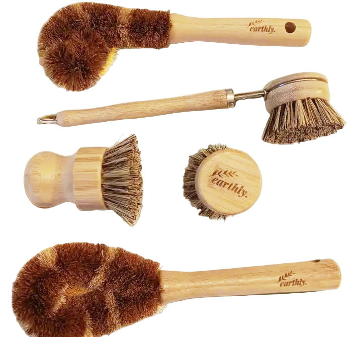 Earthly Change compostable household cleaning brushes set of 5 with plant-based bristles in natural beige for bathroom and