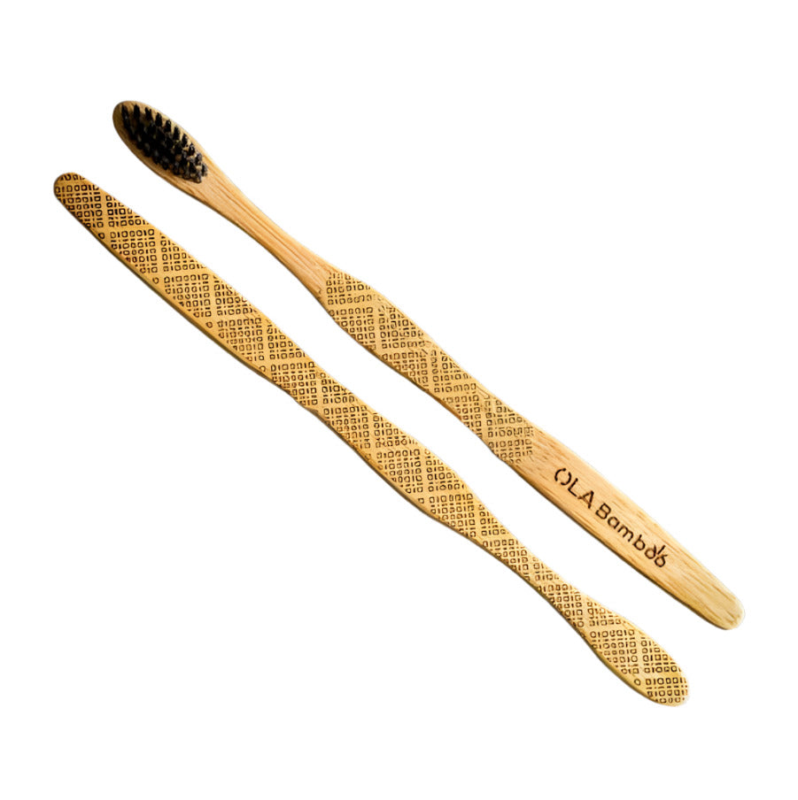 OLA Bamboo set of two Canadian-made charcoal bamboo toothbrushes with textured handles and soft bristles