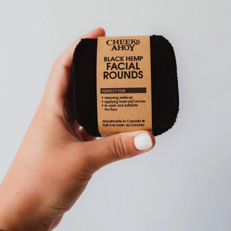Cheeks Ahoy black hemp bamboo facial rounds, ultra-soft reusable makeup remover pads with natural texture, eco-friendly