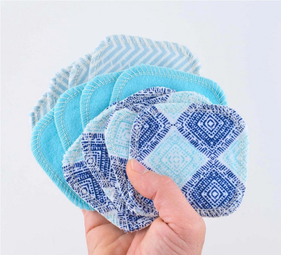 Cheeks Ahoy Seaside reusable facial rounds, 4 soft organic cotton pads with terry cloth texture, navy blue with white