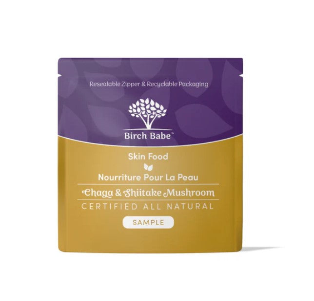 Close-up of Skin Food body lotion label highlighting organic, farm-raised ingredients and textured parchment background